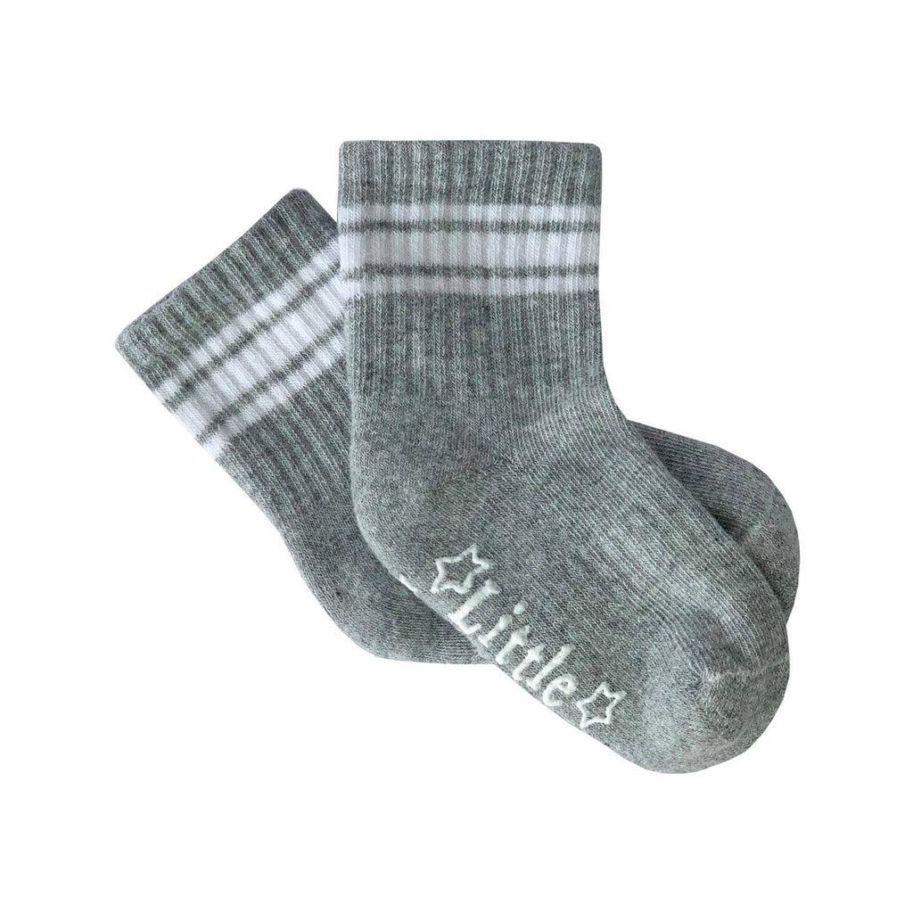 Sporty Non-Slip Stay-on Organic Quarter Crew Socks - Grey Single: 1-2 years