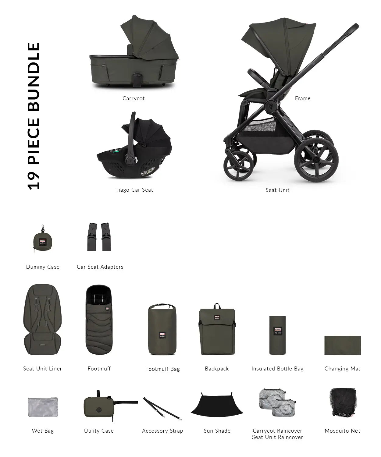 Hunter x Venicci Upline 3 Dark Olive Pram Comfort Bundle (3 in 1)