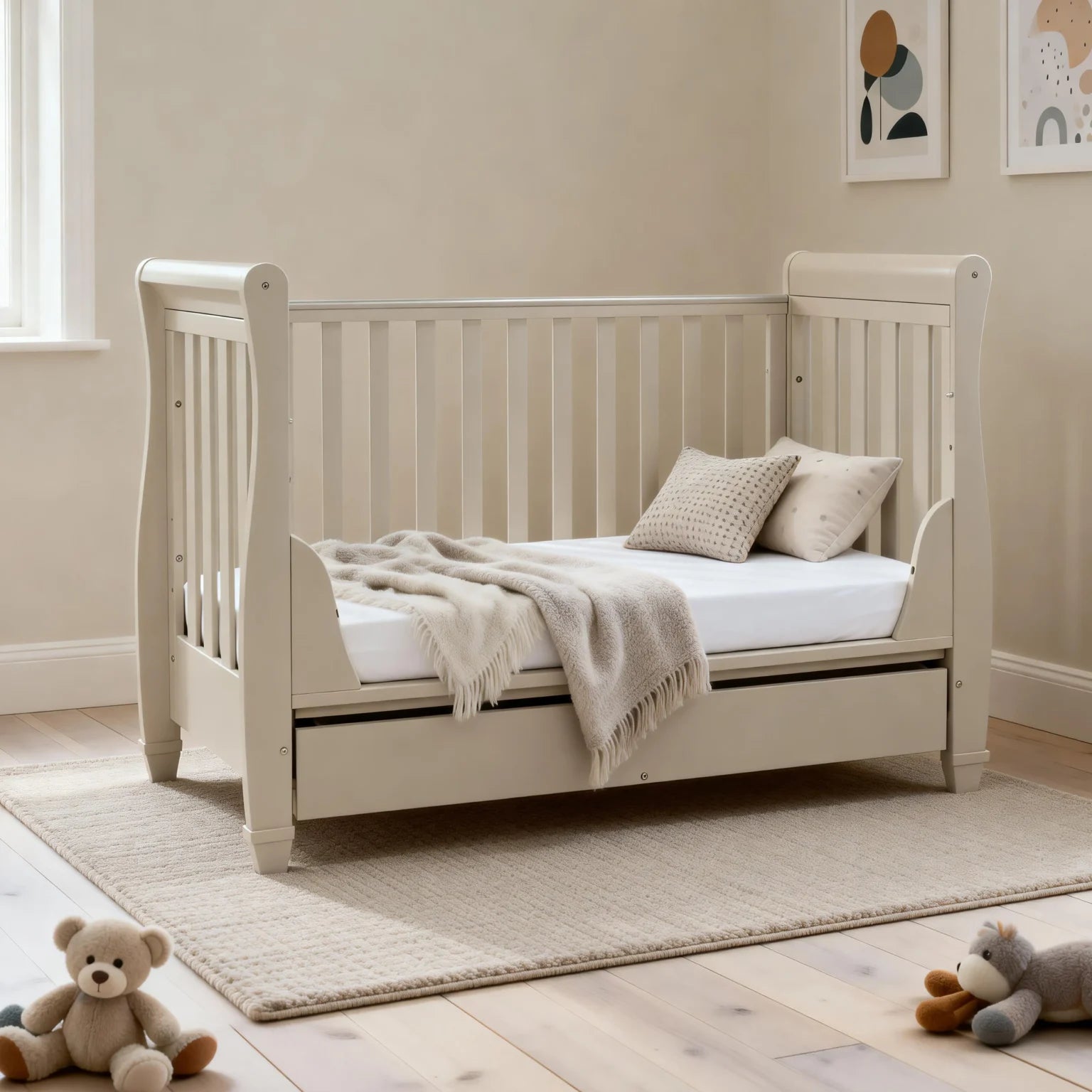 Eva Sleigh Cot Bed with Drawer – Cashmere