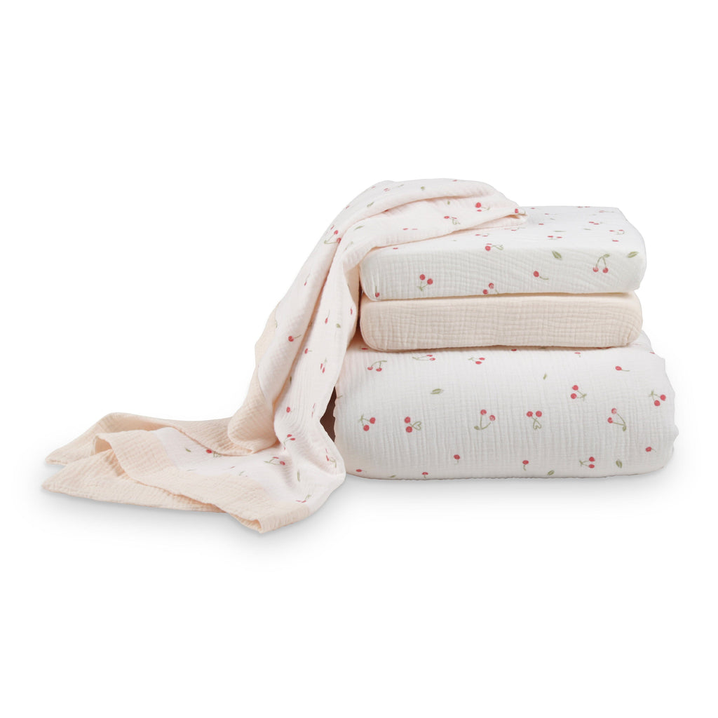 4 Piece Cot Bed Bedding Set - Ditsy Cherry