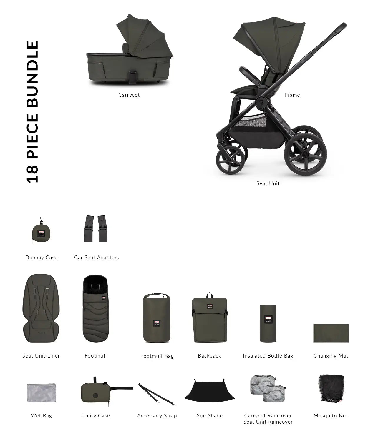 Hunter x Venicci Upline 3 Dark Olive Pram 2 in 1